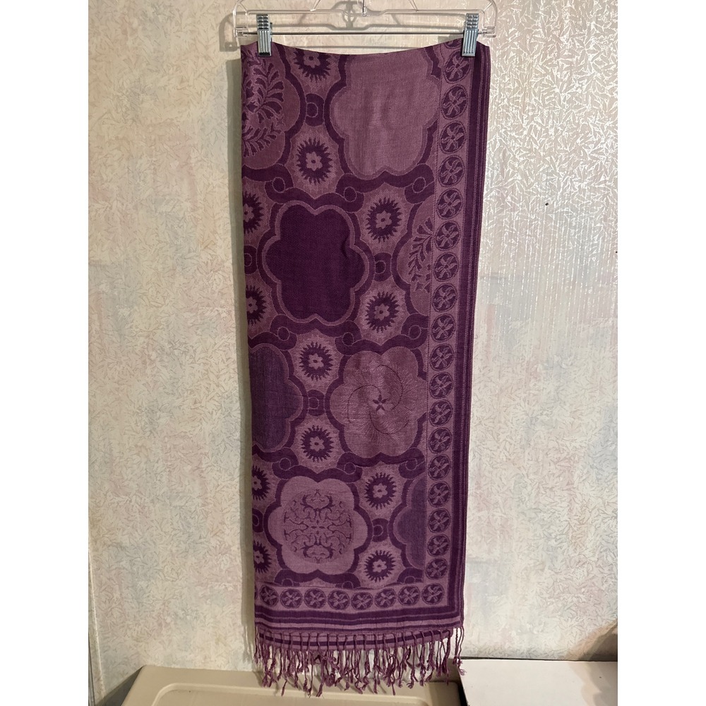 Purple Floral Jacquard Fringed Scarf Oversized Pashmina Style Wrap 70x28